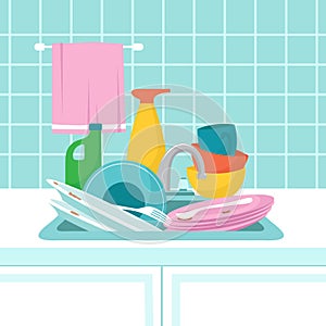 Kitchen sink with dirty plates. Pile of dirty dishes, glasses and wash sponge. Vector illustration