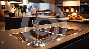 A kitchen sink with a faucet and two bowls on the counter, AI