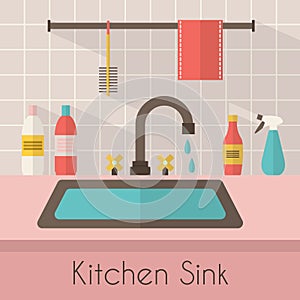 Kitchen sink with kitchenware photo