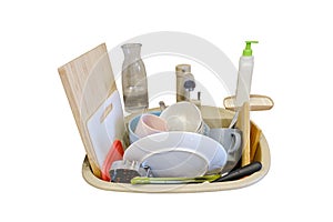The kitchen sink was full of dirty unwashed dishes, isolated on a white background