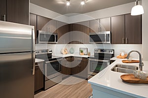 kitchen, with sleek stainless steel appliances, energy-saving lighting and efficient faucets