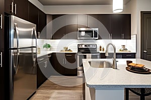 kitchen, with sleek stainless steel appliances, energy-saving lighting and efficient faucets