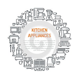 Kitchen small appliances equipment banner illustration. Vector line icon of household cooking tools blender mixer