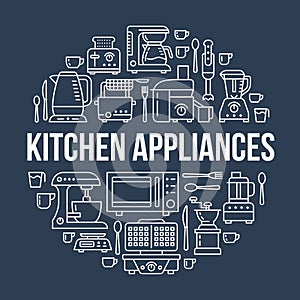 Kitchen small appliances equipment banner illustration. Vector line icon of household cooking tools - blender, mixer