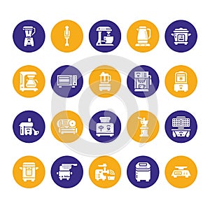 Kitchen small appliances flat glyph vector icons. Household cooking tools signs. Food preparation equipment silhouette -