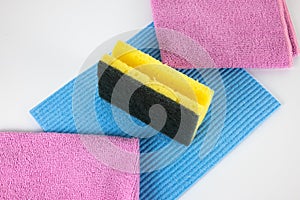 Kitchen sponge, blue dishcloth and rose micro fiber cloth