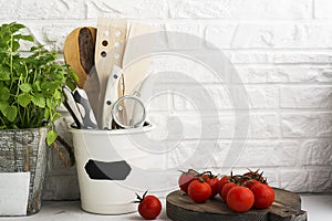 Kitchen still life on a white brick wall background