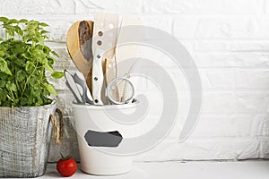 Kitchen still life on a white brick wall background