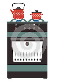 Kitchen stove with kettle and pan isolated vector illustration.