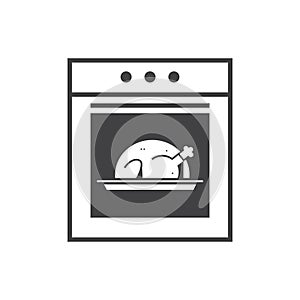 Kitchen stove line icon oven with baked turkey inside home appliance concept