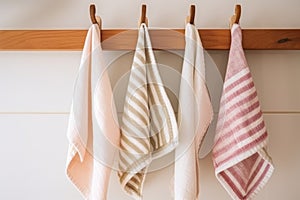 Kitchen striped towels haning on rack. Generate AI photo
