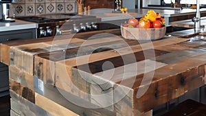 A kitchen with stunning countertops made from reclaimed wood showcasing the beauty of upcycled materials and proving