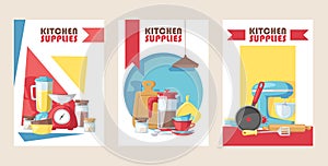 Kitchen supply store banner, vector illustration. Cooking utensils, kitchenware appliance shop advertisement card. Flat