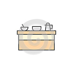 Kitchen table with appliances icon. Kitchen appliances for cooking Illustration. Simple thin line style symbol