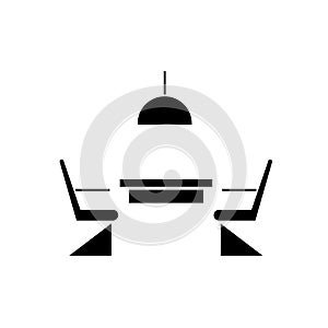 Kitchen table with chairs black vector concept icon. Kitchen table with chairs flat illustration, sign