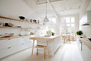 Kitchen with table, chairs, and potted plant on the counter. Generative AI