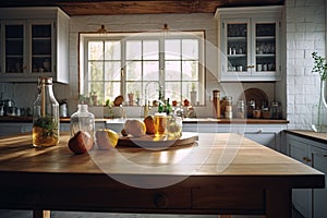 Kitchen table with food ready for cooking in the sunny room with window. Bright kitchen interior.