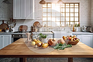 Kitchen table with food ready for cooking in the sunny room with window. Bright kitchen interior.