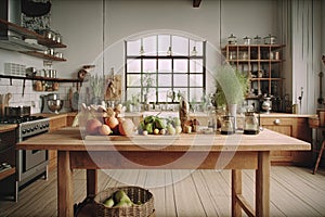 Kitchen table with food ready for cooking in the sunny room with window. Bright kitchen interior.