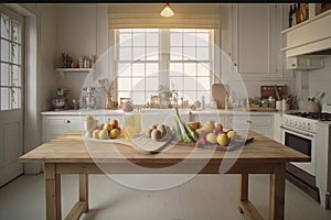 Kitchen table with food ready for cooking in the sunny room with window. Bright kitchen interior.