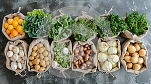 On the kitchen table, fresh vegetables are presented in eco-cotton bags. From the market, lettuce, corn, potatoes