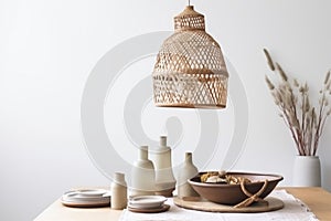 kitchen table rattan lamp decor style room furniture dining beige. Generative AI.