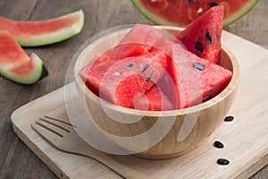 Kitchen table with Sliced of watermelon.