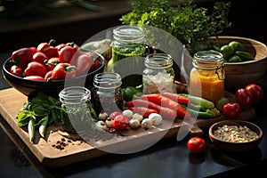 Kitchen table with various fresh vegetables and fruits for healthy and diet food, Healthy Eating, Organic food,