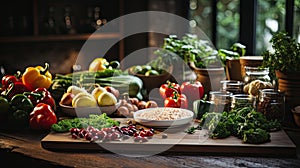 Kitchen table with various fresh vegetables and fruits for healthy and diet food, Healthy Eating, Organic food,