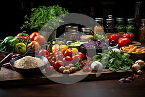 Kitchen table with various fresh vegetables and fruits for healthy and diet food, Healthy Eating, Organic food,