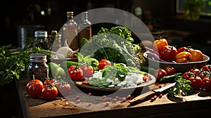 Kitchen table with various fresh vegetables and fruits for healthy and diet food, Healthy Eating, Organic food,