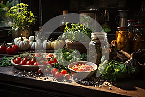 Kitchen table with various fresh vegetables and fruits for healthy and diet food, Healthy Eating, Organic food,