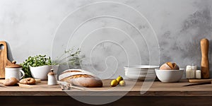 Kitchen table with white modern ceramic and wooden dishware against grey stone wall 3