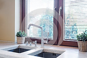 Kitchen tabletop with two sinks