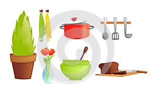 Kitchen tableware. Dishes and interior objects like saucepan, fridge with bread, plant