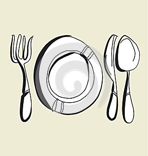 Kitchen tableware hand drawn image. fork, knife, plate and spoon sketch artwork.