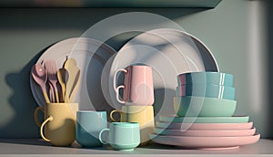 Kitchen tableware, plates, cups and spoons. 3D rendering