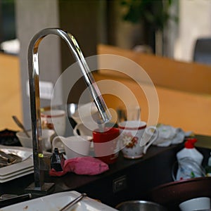 Kitchen tap and dirty dishes