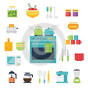 Kitchen themed illustration and icons