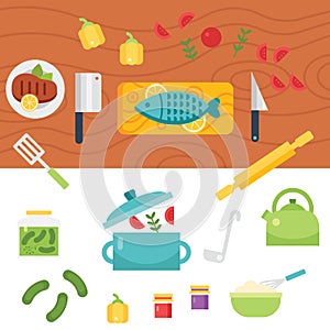 Kitchen themed illustration and icons