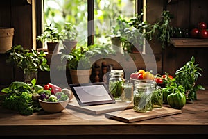 In the kitchen, there is a tablet for recording vegetable recipes for proper nutrition on a diet.