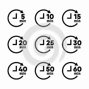 Kitchen timer icon set 1 to 60 minutes countdown symbols