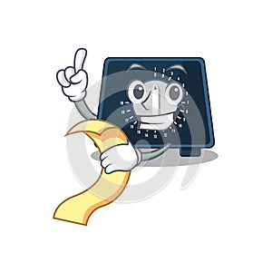 Kitchen timer mascot character style with a menu on his hand