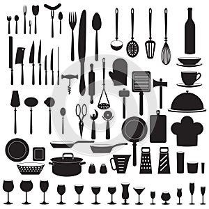 Kitchen tool icon set with fork, knife, spoon, glass, cup, bottle, pan, spatula. Vector illustration.
