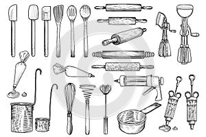 Kitchen, tool, utensil, vector, drawing, engraving, illustration, whisk, rolling pin, decorating