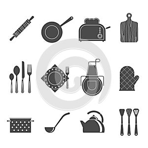 Kitchen tools accessories black icons set