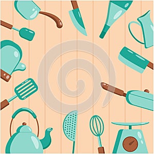 Kitchen tools background. Vector flat illustration Kitchenware collection. Cooking tools, utensils, cutlery isolated on wooden
