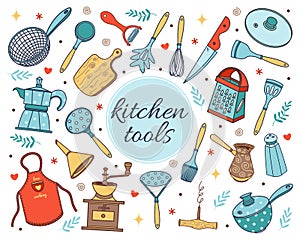 Kitchen tools collection of vector icons. Hand-drawn illustration isolated on white background. Kitchen utensils - knife, grater