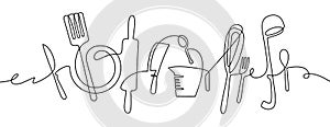 Kitchen tools. Continuous one line drawing kitchen utensils, cooking tool illustration, black and white outline cutlery