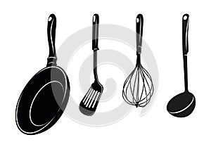 Kitchen Tools, Cookin Utensils Vector. Frying Pan Turner Egg Beater and Ladle Set